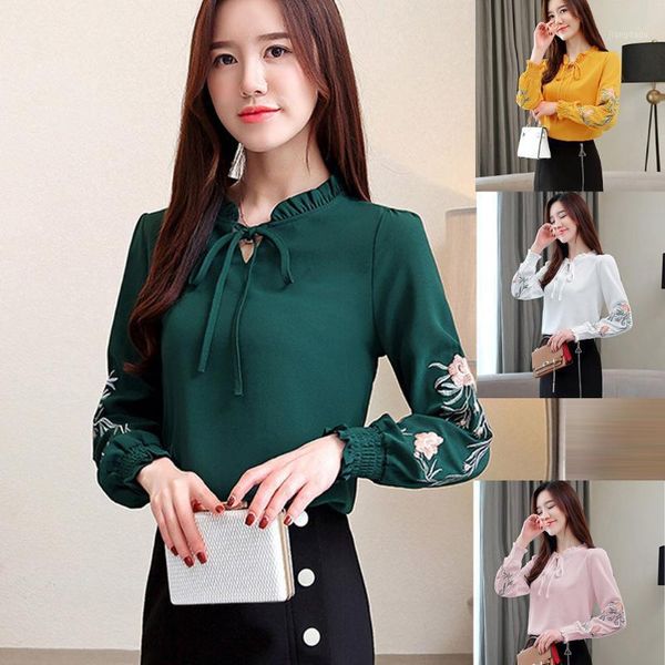 

plus size women floral embroidery chiffon blouse shirt fashion womens and blouses long sleeve t29 women's & shirts, White