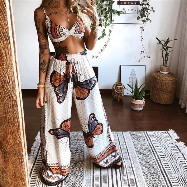 

wide leg set underwear womens pants floral print drawstring two piece women summer long female pant suits, White
