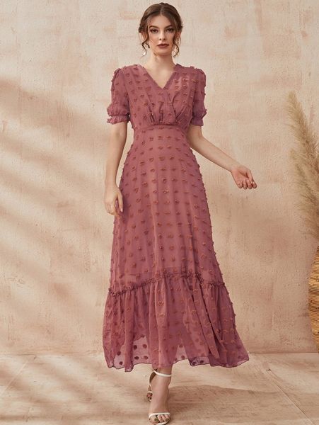 

swiss dot overlap collar flounce sleeve ruffle hem dress m3vo#, Black;gray