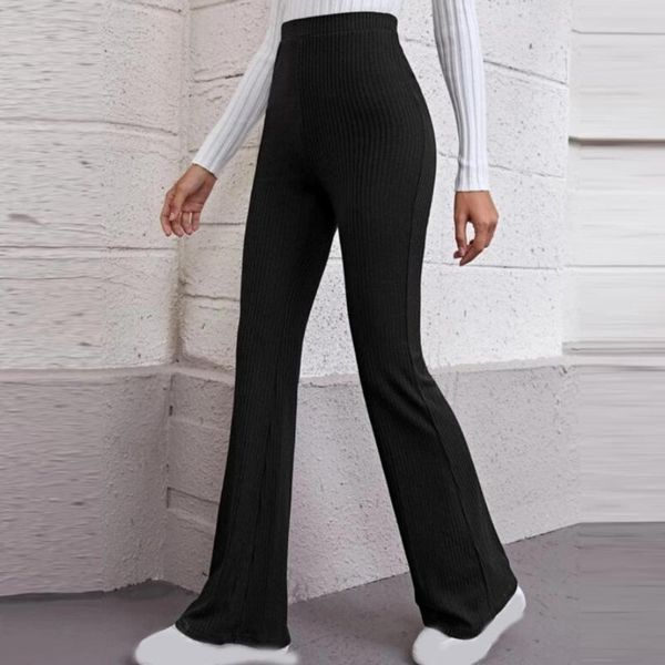 

women's pants & capris women solid color knitted summer high waist full length flared trousers sport skinny casual close-fitting, Black;white