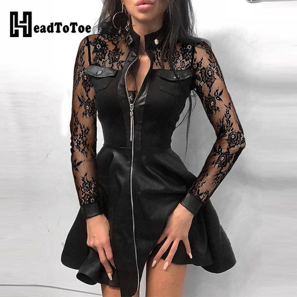 

casual dresses sheer mesh lace zipper design pu leather dress, Black;gray