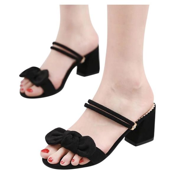 

sagace ladies sandals summer square high-heeled breathable soft bottom women slippers with bow metal decoration, Black