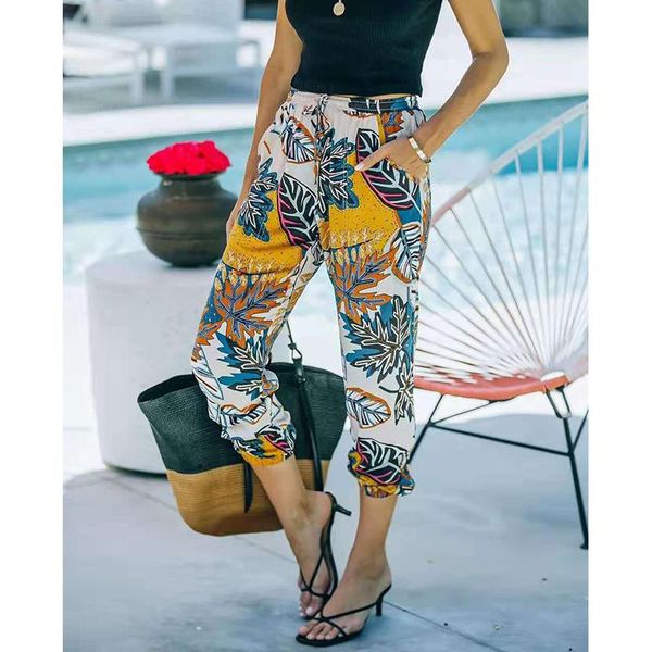 

women's pants & capris women leaves print causal loose trousers lantern wide leg bohemian pockets summer elastic waist vintage plus siz, Black;white