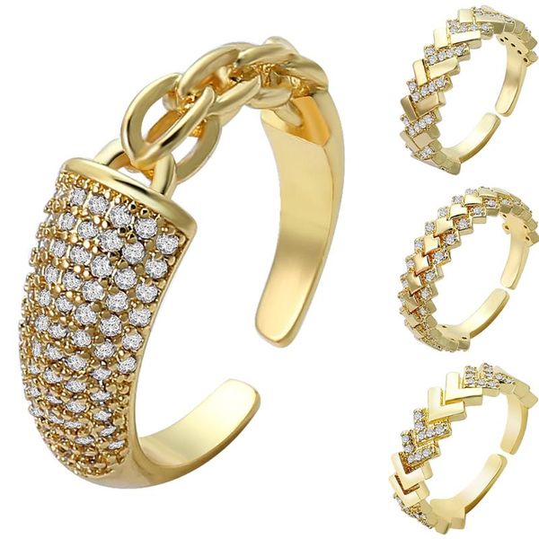 

cluster rings gold color fashion hip hop open bling iced out cuban link chain heart micro pave cz adjustable ring for women and man, Golden;silver
