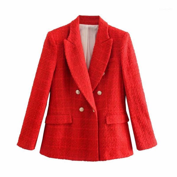 

spring 2021 fashion women red double breasted tweed blazer coat vintage long sleeve pockets female outerwear suit jacket women's suits, White;black