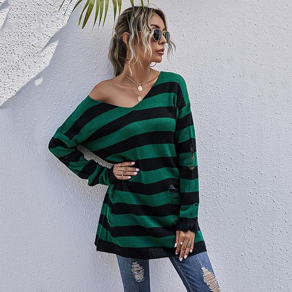

women's sweaters long sweater autumn lady v neck hollow out pullover plus size jumpers split green goth loose thin women striped, White;black