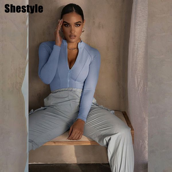 

shestyle zipper mock neck sporting bodysuits women long sleeve brown casual elastic 2021 autumn new arrivals bodies fitnessby, Black;white