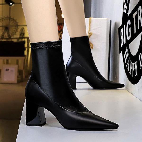 

boots bigtree 2021 women ankle pu leather party booties high heels autumn square heel shoes, Black