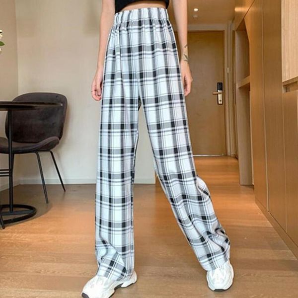 

women's pants & capris simple fashion casual women loose high waist breathable trousers elastic straight plaid summer, Black;white