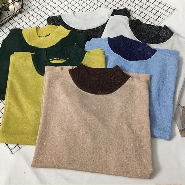 

women's t-shirt patchwork half sleeve knit sweater women thin knitted pullover korean slim summer autumn casual loose sequin base, White