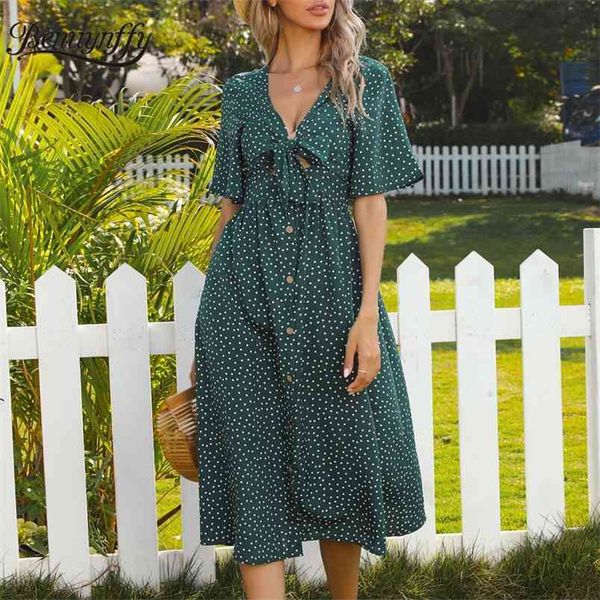 

deep v neck bow front polka dot button women dresses summer short sleeve holiday style a-line knee length dress 210510, Black;gray