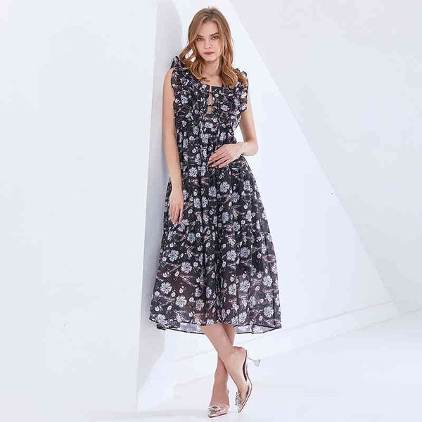 

dresses print floral chiffon for women square collar sleeveless high waist patchwork ruffle elegant es female, Black;gray