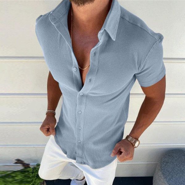 

men's casual shirts fashion turn-down short sleeve cardigan summer men's single-breasted autumn men solid ribbed shirt, White;black