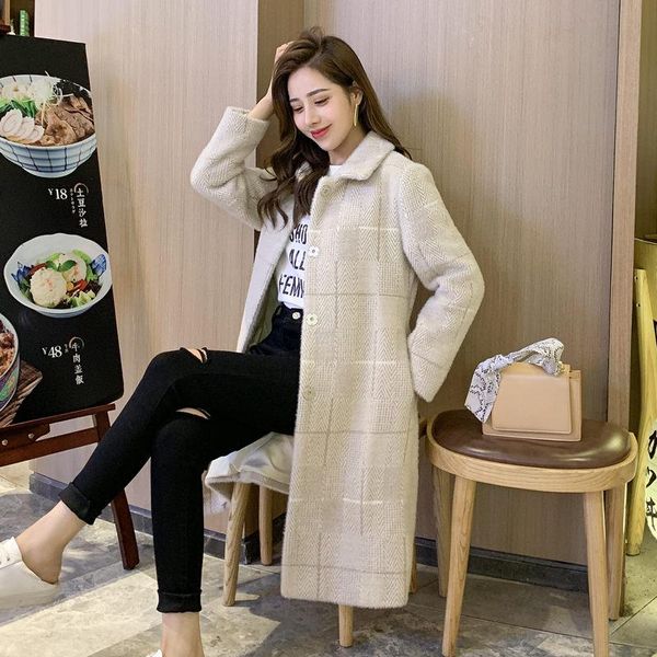 

women's wool & blends women imitation mink velvet coat mid-length woolen jacket for fall/winter 2021 wild loose plaid thick ladies oute, Black