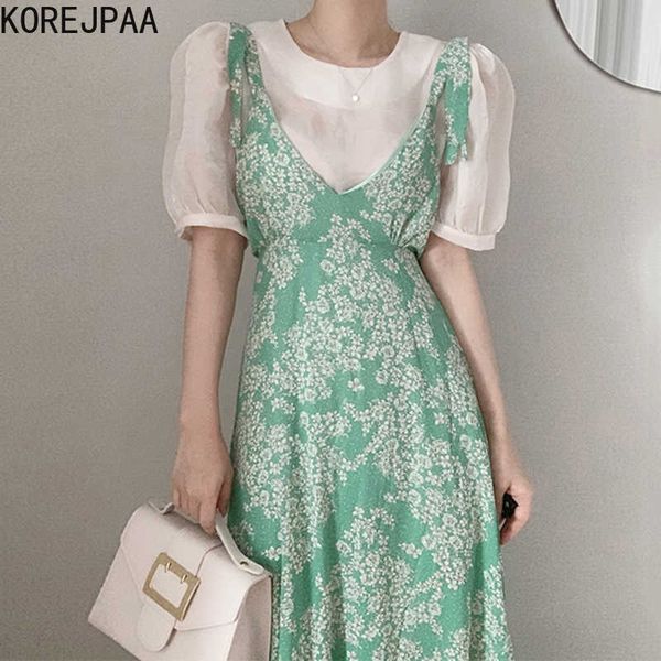

korejpaa women dress summer korean chic o-neck perspective bubble sleeve shirt with shredded flower sling long strap dresses 210526, Black;gray