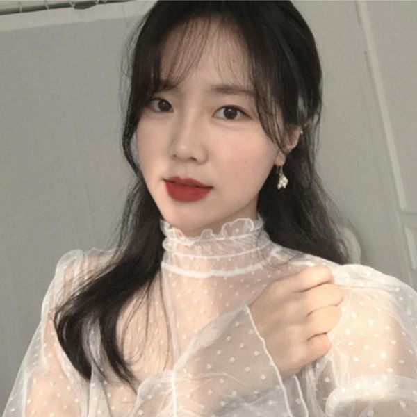 

sweet women mesh shirt long flare sleeve t spring autumn transparent club party polka dot shirts thin women's t-shirt, White