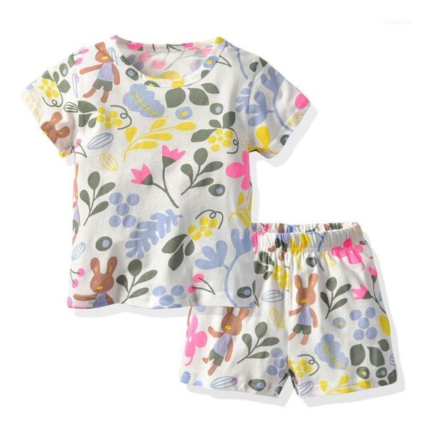 

cotton baby clothes set for summer kids outfit girl shirts with short sleeve and shorts pajamas floral1, White