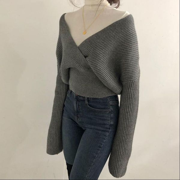 

yamdi autumn womens sweaters winter sweater women korean casual jumper female v neck solid cross thick warm knitted loose, White;black