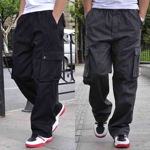 

autumn and winter men's plus size loose casual fat guy multi pocket thick overalls outdoor sports pants, Black