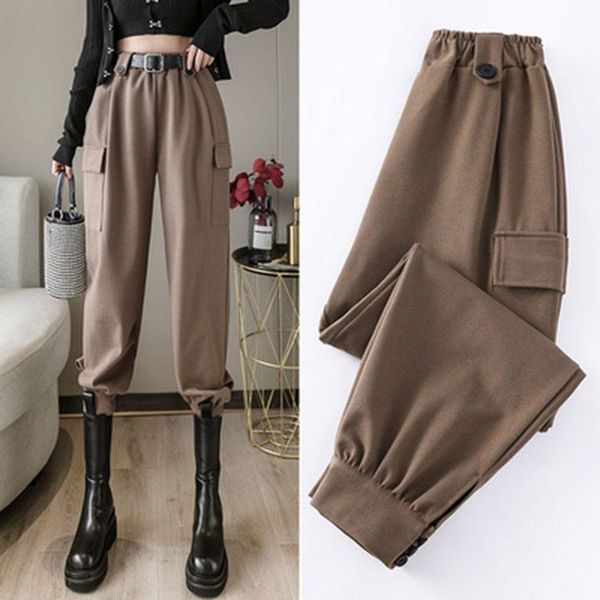 

autumn winter elastic high waist harem pants casual women loose safari style pockets mujer pantalone women's & capris, Black;white