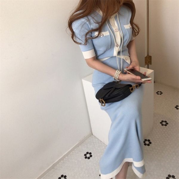 Estate coreana elegante lavorata a maglia in due pezzi donna manica corta cardigan top + elastico in vita gonna lunga abiti da donna 210529