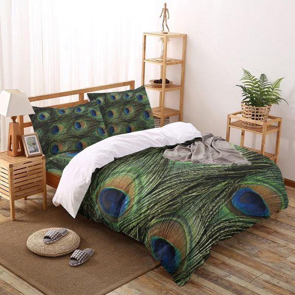 

green animal peacock feather print comforter bedding set duvet cover  king bed home housse de couette gift sets