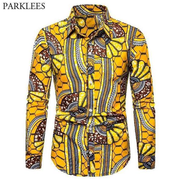 Camicia elegante con stampa di cera africana Uomo Moda manica lunga Streetwear Camicie africane Uomo Bazin Riche Abbigliamento etnico tribale 3XL 210522