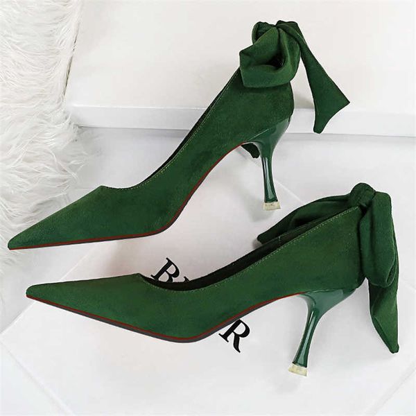 

famous brand 2022 elegant women 8cm high heels pumps nightclub green bowknot sweet low girls scarpins office wedding kawaii shoes designer c, Black
