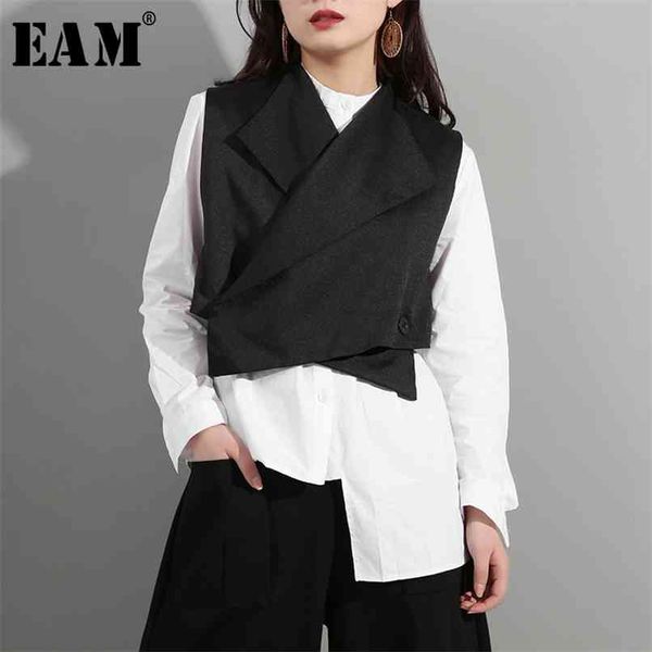 

[eam] spring summer lapel sleeveless black button cross bandage ribbon stitch vest women fashion all-match wd81 210910, Black;white