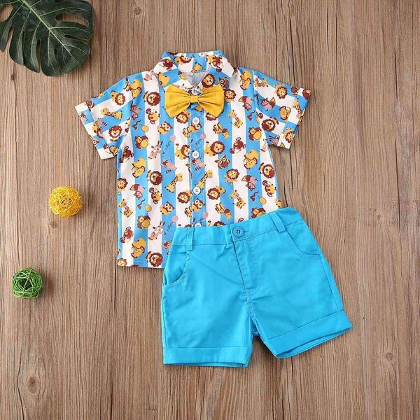 

1 6y summer gentleman infant baby boys clothes sets cartoon animal print bow shirts shorts 2pcs, White
