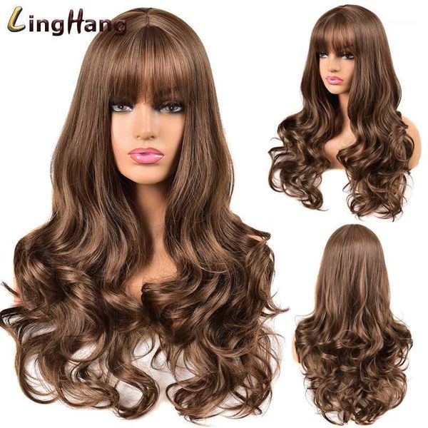 

hang long wavy wig with bangs brown black gray high temperature synthetic suitable for / white woman1