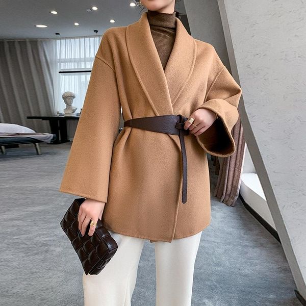 

women's wool & blends 2021 autumn and winter korean hand-sewn double-sided long belt design khaki small loose woolen coats for women, Black