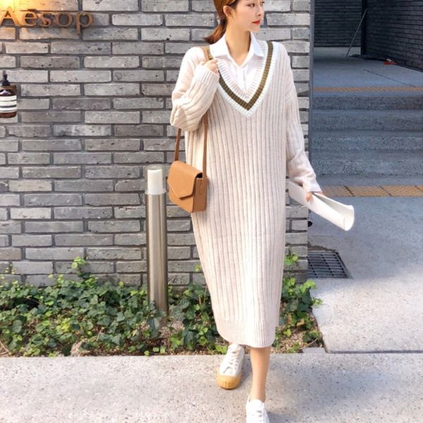 

casual dresses fall women knitting dressed elegant color solid long casual sleeve loose thicken female gown deoq, Black;gray