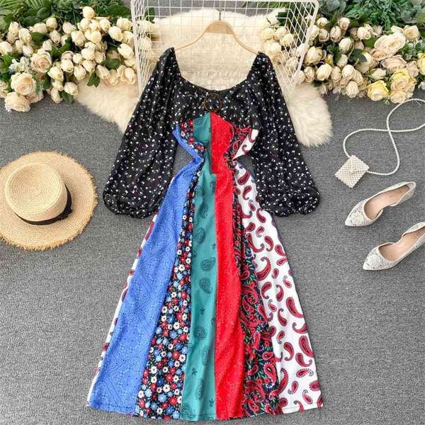 Kadın Bohemia Patchwork Renk Retro Baskılı Uzun Elbise Fener Kollu Kare Yaka Mizaç Stil Kadın Vestidos PL585 210506