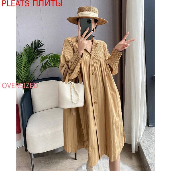 

women's trench coats miyake folds spring and autumn thin section age reduction jacket female temperament large size loose windbreaker, Tan;black