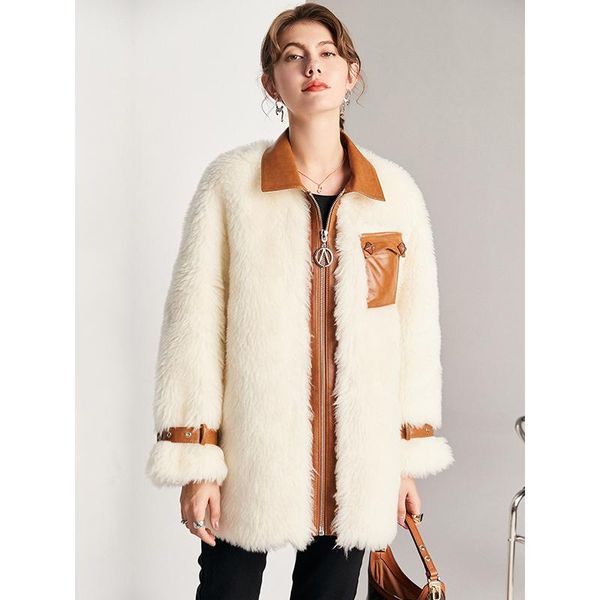 

women's fur & faux 2021 female tuscan winter lamb shearling coat genuine leather zipper thick warm wide-waisted fashion jacket, Black