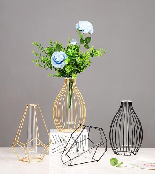 

vases nordic simple golden glass vase hydroponic plant flower iron geometric test tube metal holder modern home decor
