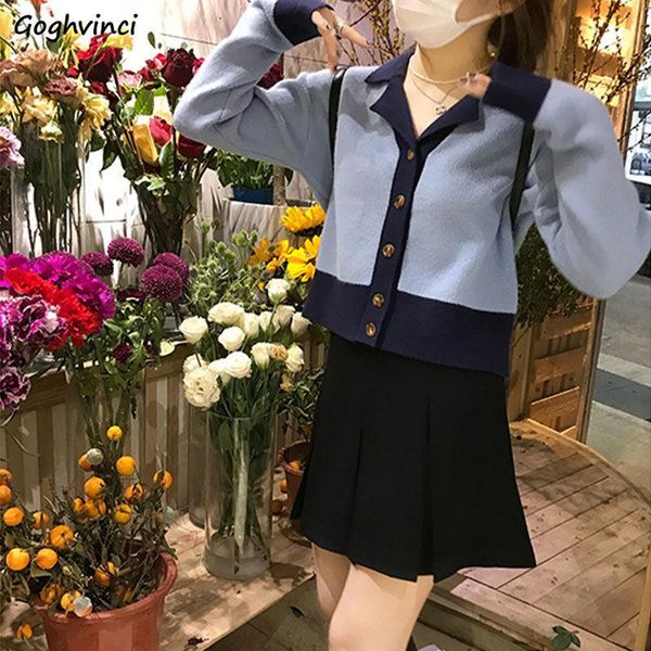 

women's knits & tees cardigan women simple patchwork preppy design turn down collar full sleeves trendy gentle crops ulzzang all match, White
