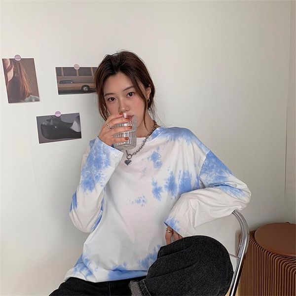 

women's t-shirt 2021 women clothes korean dye gradual change long sleeve loose kpop harajuku vintage aesthetic goth gothic top, White