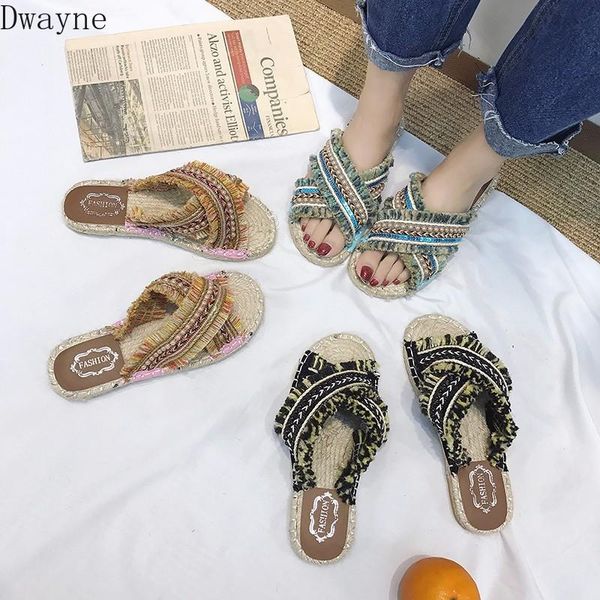

slippers 2021 summer straw fisherman cross belt tassel flat bottom boho sandals, Black