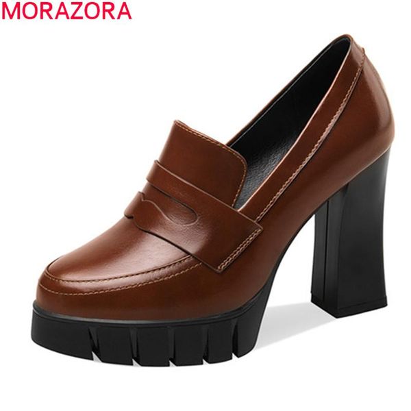 

2021 genuine leather high heels shoes fashion round toe platform women pumps solid color party black brown dress