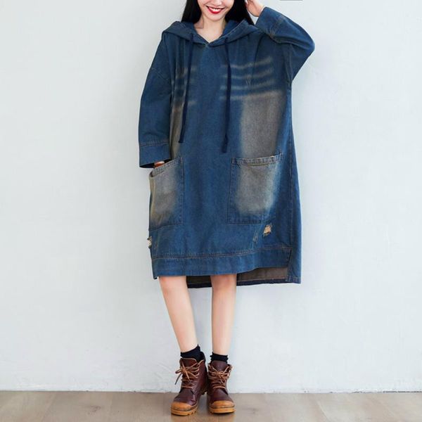 

spring autumn plus size casual loose solid hole pockets long sleeve hooded jeans dress for females larger cowboy one-piece dresses, Black;gray