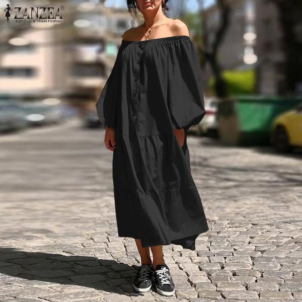 

elegant ruffles party long vestidos 2021 bohemian off shoulder sundress women spring puff sleeve solid dress kaftan casual dresses, Black;gray