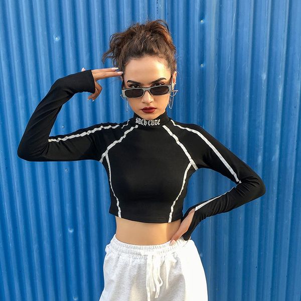 

women's t-shirt reflective strip women streetwear stitching slim fit exposed navel shirt gothic long sleeve turtleneck, White