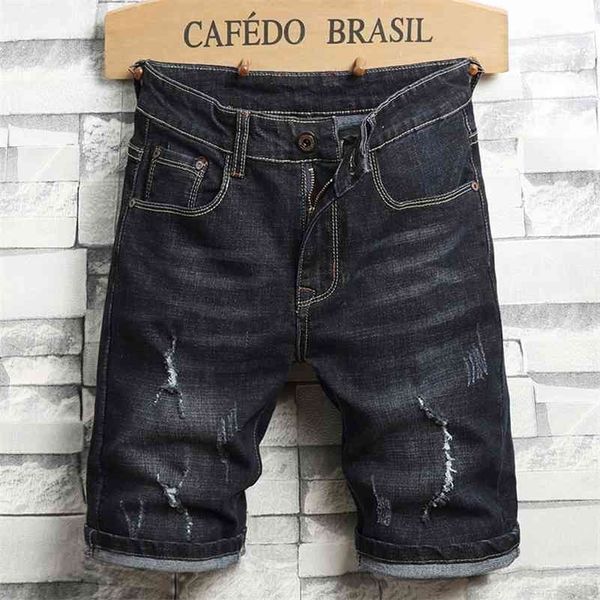 

summer new men's ripped denim shorts fashion casual classic style brand regular fit short jeans male black blue 210324, White;black