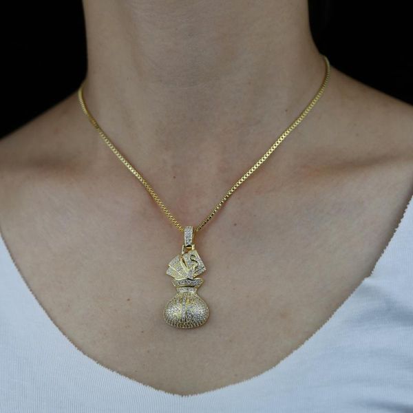 

chains hip hop 5a cubic zircon stone setting bling iced out money bag us dollar pendant necklace for men jewelry drop, Silver