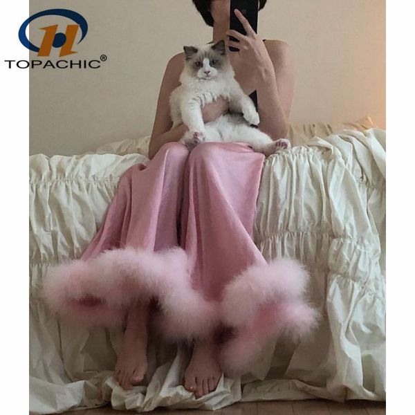 

women's sleepwear 1.10 high end fashion temperament comfortable loose trousers ostrich feather wide leg pants sleep bottoms, Black;red