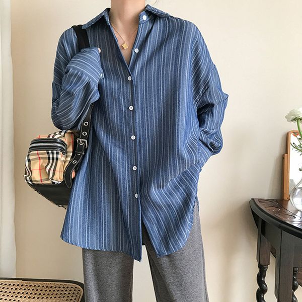 

2021 spring bf style loose Women Tops and Blouses Casual autumn Womans thin sun protection Long Sleeve stripe Shirts (F3938), White