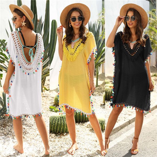 

new women beach dress colorfull fringe cover up ladies tunics beachwear swimsuit coverups may white bla yellow swimdress