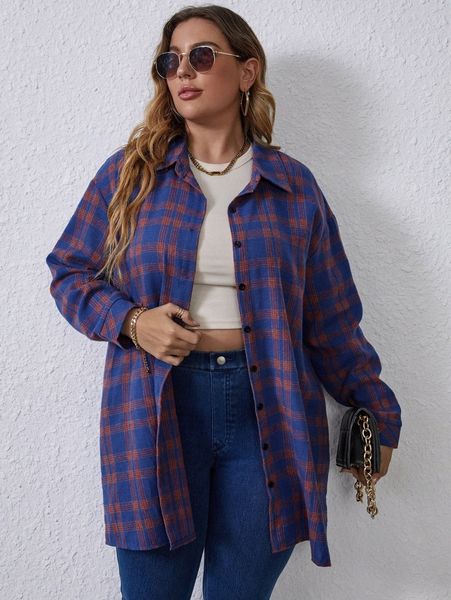 

plus plaid drop shoulder blouse 74o7#, Black